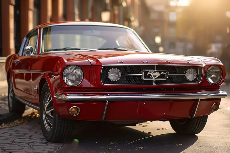 Ford Mustang stationnée devant une maison, avec un jeune conducteur tenant ses clés à côté