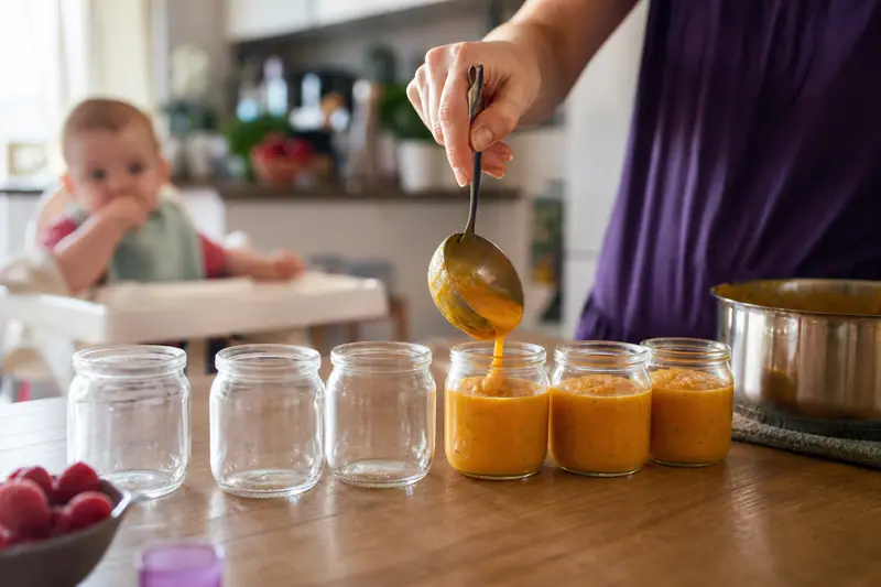 Parent versant une purée de légumes maison dans des petits pots en verre destinés au congélateur, cuisine familiale lumineuse.