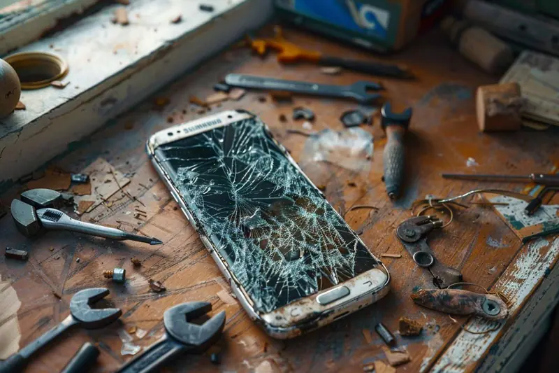 Parent consultant un smartphone Samsung dont l'écran est fissuré, avec une facture de réparation et un téléphone de remplacement sur une table.