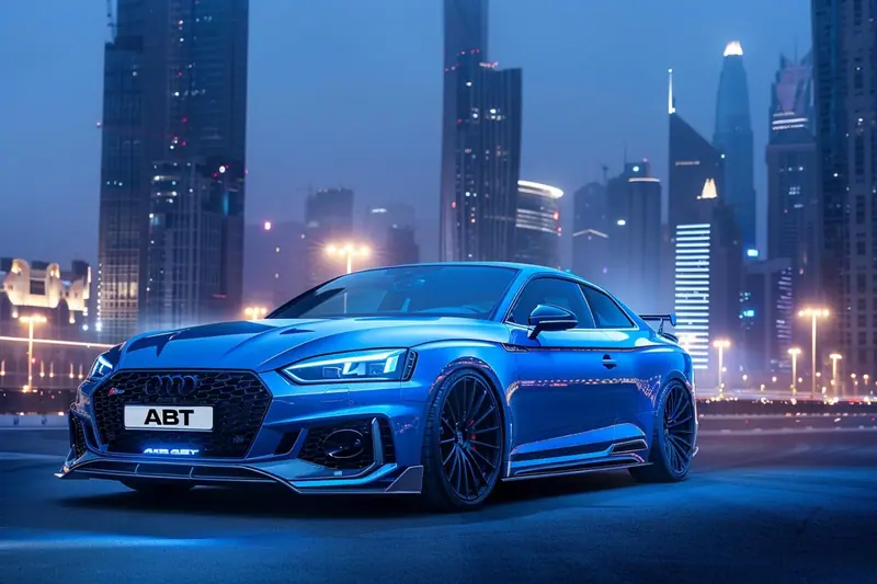 Audi RS5 Sportback sombre préparée avec des jantes sportives, stationnée sur une route de campagne
