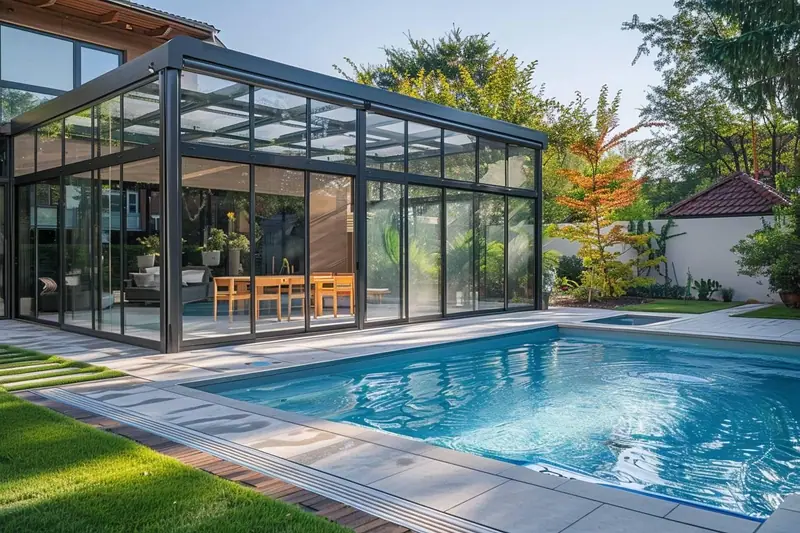 Parent nettoyant avec une raclette douce les panneaux transparents d’un abri de piscine haut