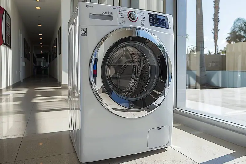 Un parent charge des vêtements d’enfants dans un lave-linge séchant installé dans une buanderie familiale.