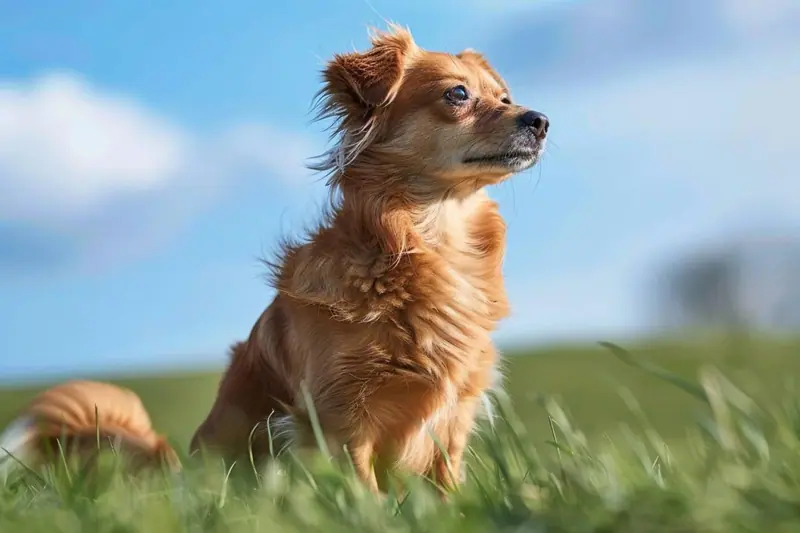 Un chien de famille assis près de sa maîtresse qui compare des documents d’assurance sur une table de cuisine