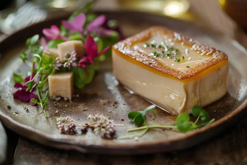 Bocal de foie gras posé sur une table de fête, avec son étiquette visible, du pain et une petite liste de courses familiale