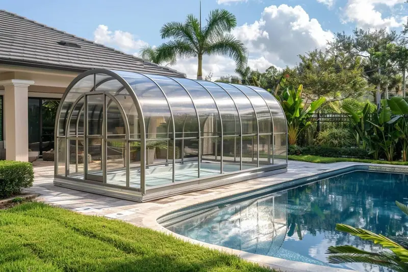 Abri de piscine haut télescopique en aluminium et panneaux transparents, installé au-dessus d’une piscine familiale