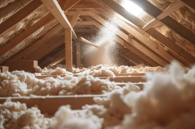 Artisan soufflant de la ouate de cellulose dans les combles d’une maison familiale