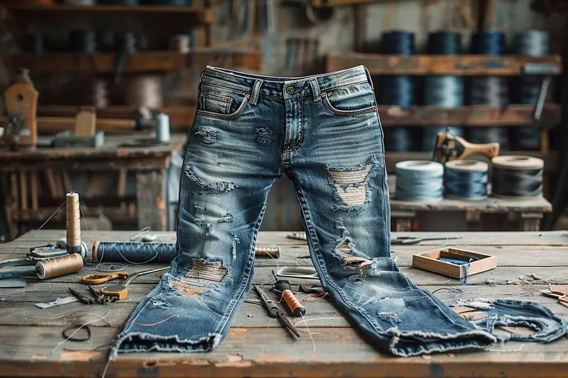 Un parent et deux enfants observent les coutures, les rivets et l’étiquette d’un jean bleu posé sur une table.