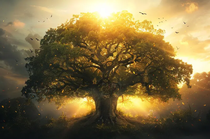 Un parent et un enfant consultent ensemble un arbre généalogique, des actes anciens et des photographies de famille sur une table.