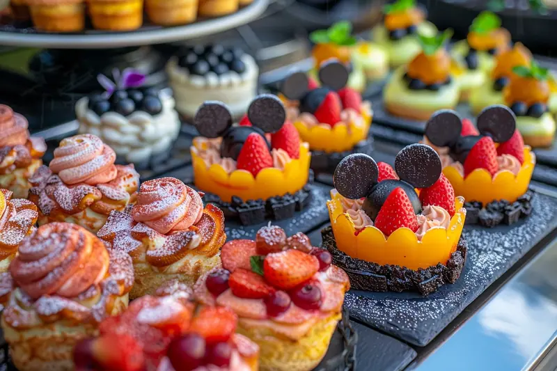 Une famille attablée dans un restaurant à thème de Disneyland Paris, avec un décor coloré et des assiettes devant elle.