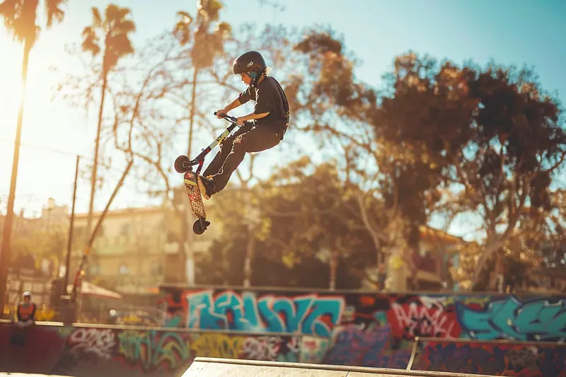 Jeune rider portant un casque et des protections dans un skatepark, observant une rampe de trottinette freestyle