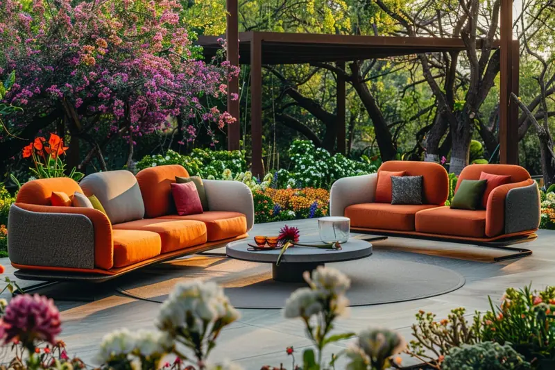 Terrasse familiale aménagée avec un salon de jardin modulaire, des coussins beiges, une grande table et un parasol.