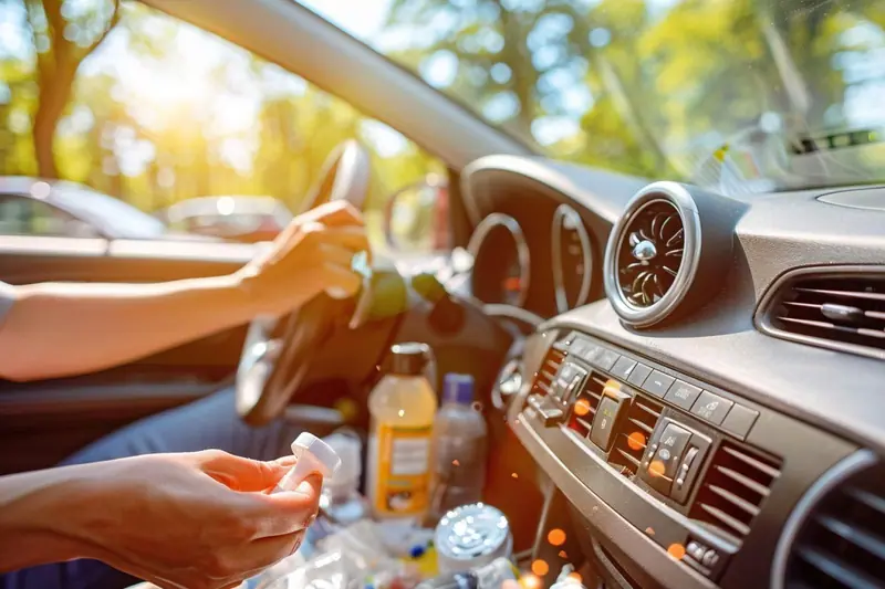 Parent nettoyant la banquette arrière et le sol d’une voiture familiale avec un aspirateur