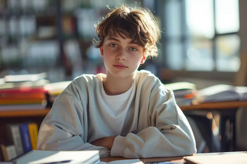 Une adolescente et un coach scolaire discutent de son planning de travail autour d'une table, tandis que sa mère attend à proximité.