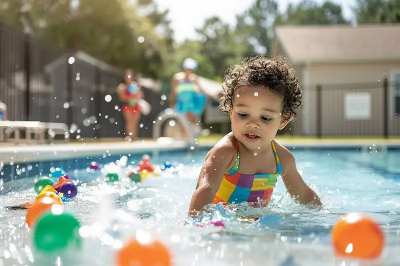 Un parent reste à portée de bras d’un jeune enfant qui joue dans une piscine peu profonde, pendant qu’un autre adulte surveille le portail fermé.