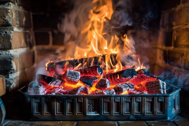 Parent observant les flammes très vives d'un insert à bois, avec un enfant tenu à distance de l'appareil