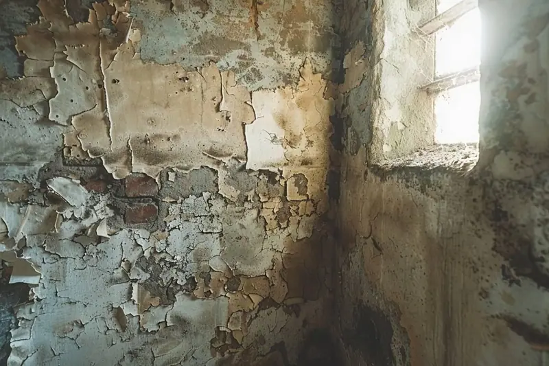 Parent examinant des traces de moisissure dans l'angle d'un mur de chambre, avec un hygromètre posé à proximité.