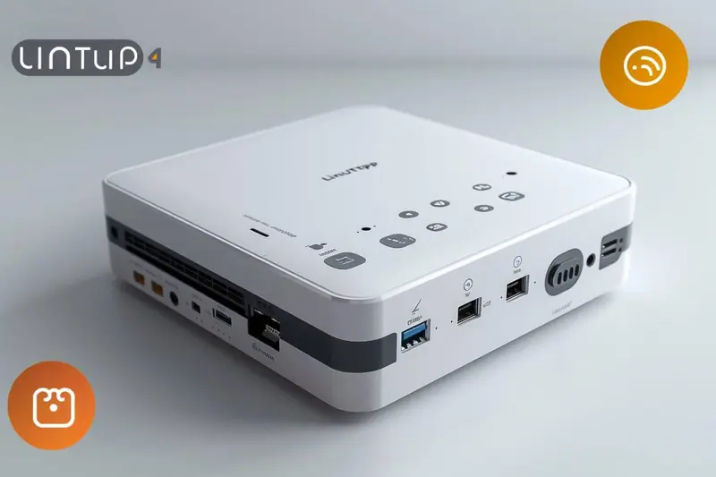 Petit ordinateur Linutop 4 fanless posé près d'un écran, d'un clavier et d'un routeur Ethernet dans un espace de travail familial