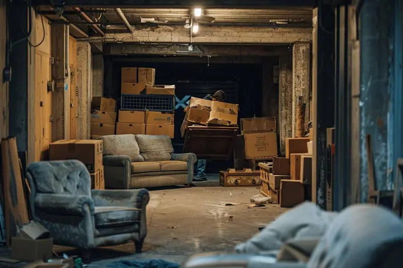 Des cartons étiquetés, un landau plié et des meubles protégés dans un box de garde-meuble bien rangé.