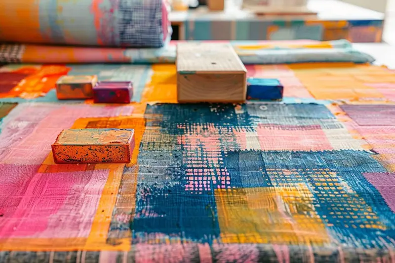 Divers textiles personnalisés avec un tampon, un motif imprimé et une broderie, disposés sur une table de travail
