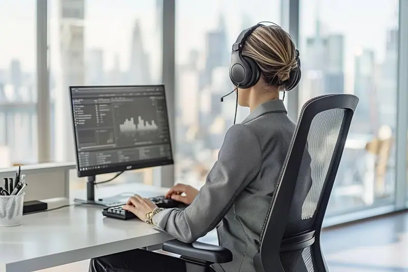 Parent entrepreneur travaillant à domicile avec un casque téléphonique et un agenda numérique ouvert sur son ordinateur