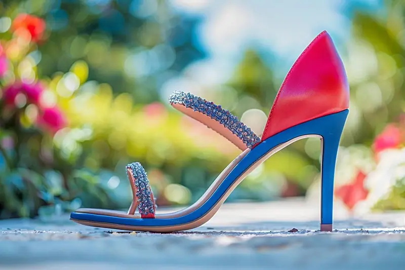 Femme portant des escarpins à talons blocs, debout sur une allée de jardin lors d'une réception en plein air