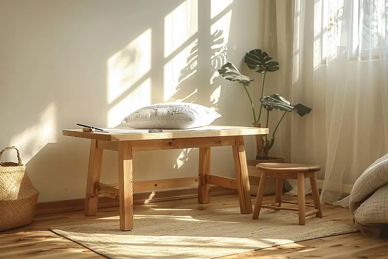 Un enfant dessine à une table en bois clair robuste, avec des crayons et des feuilles rangés dans des bacs à portée de main.