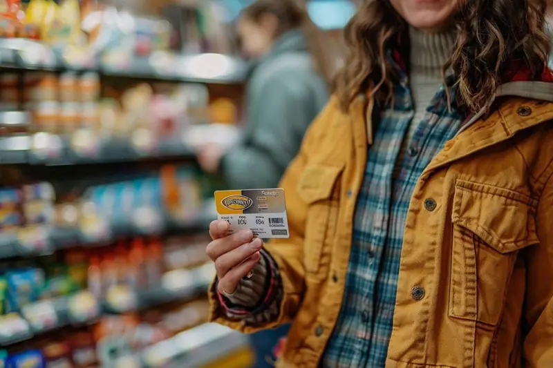 Deux parents consultent une application de fidélité et leurs tickets de caisse à la table de la cuisine, avec un budget familial noté sur un carnet.