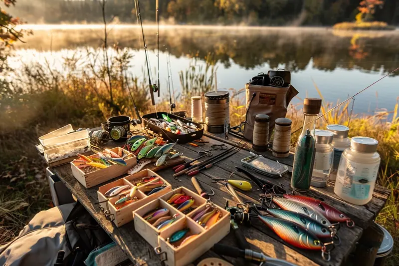 Un parent et un enfant observent une boîte ouverte de leurres souples, poissons nageurs et cuillères au bord d'un étang.