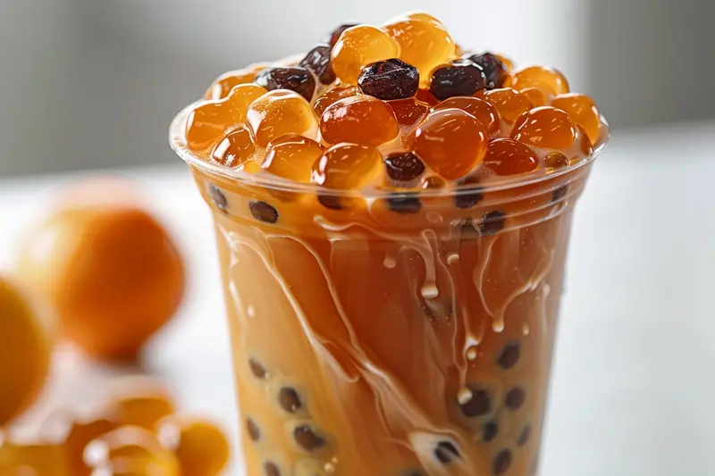 Un bubble tea maison au thé au lait, garni de perles de tapioca noires au fond d’un grand verre et d’une paille large.