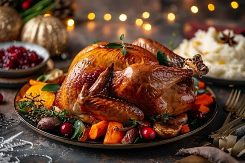Table de Noël familiale avec un plat de volaille rôti, des accompagnements à partager et des assiettes dressées