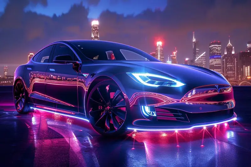 Intérieur d’une voiture électrique familiale éclairé discrètement par des LED au niveau des pieds et du coffre, de nuit.