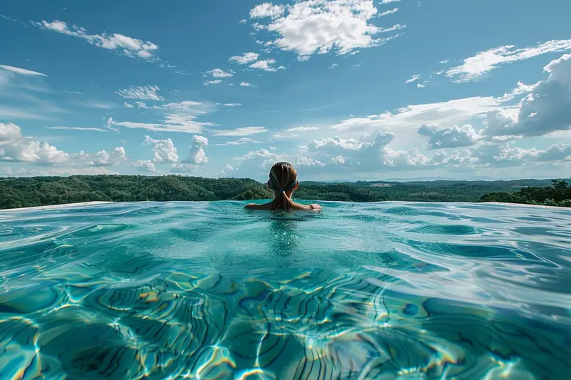 Un parent accompagne deux enfants dans un bassin peu profond lors d’une séance de natation en famille.
