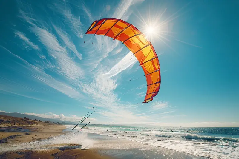 Un adulte pilote un powerkite sur une plage dégagée, loin des promeneurs, tandis qu'un enfant observe avec un casque.