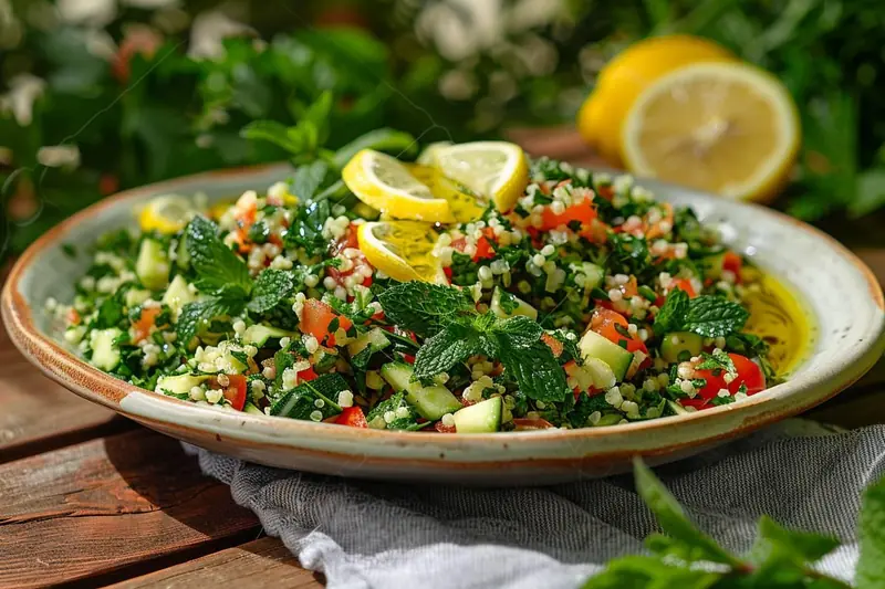 Grand saladier de taboulé à la courgette râpée, tomates, herbes fraîches et quartiers de citron sur une table familiale.
