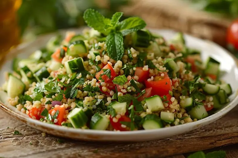 Grand saladier de taboulé à la semoule avec dés de concombre, tomates, persil et menthe fraîche