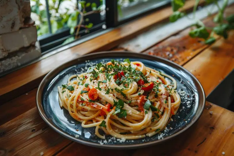 Six bols de pâtes garnis de sauces végétaliennes colorées : tomate aux lentilles, pesto vert, crème de haricots blancs et sauce aux légumes rôtis.