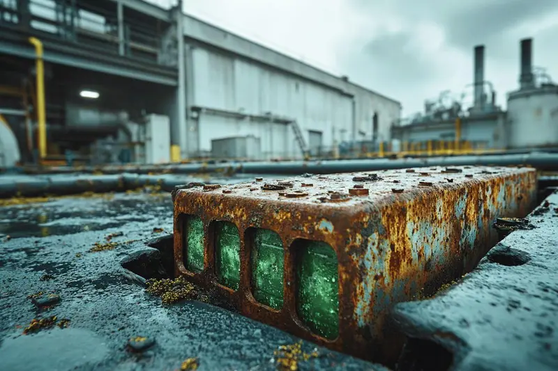 Une batterie automobile 12 V usagée, maintenue verticale dans un bac plastique pour être apportée à un point de collecte.