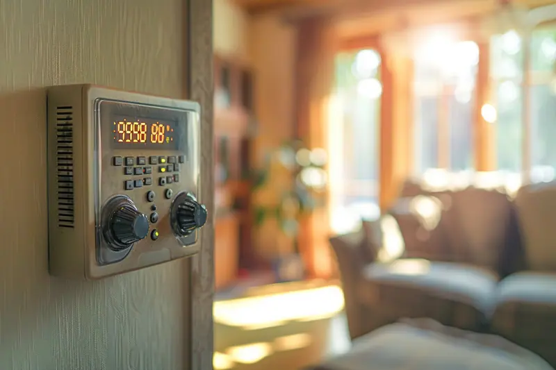 Parent réglant un thermostat mural dans un salon familial lumineux, près d’un radiateur