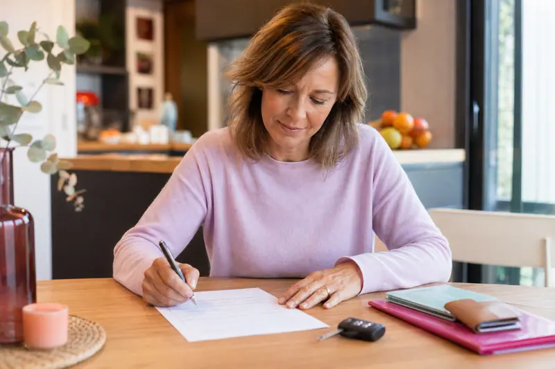 Parent signant un certificat de cession de véhicule à la table de la cuisine, clés de voiture posées à côté.