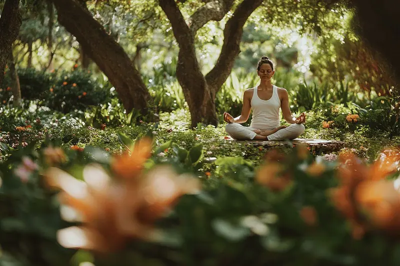 Un parent assis sur un banc dans un jardin calme, les yeux fermés, pendant une pause de respiration