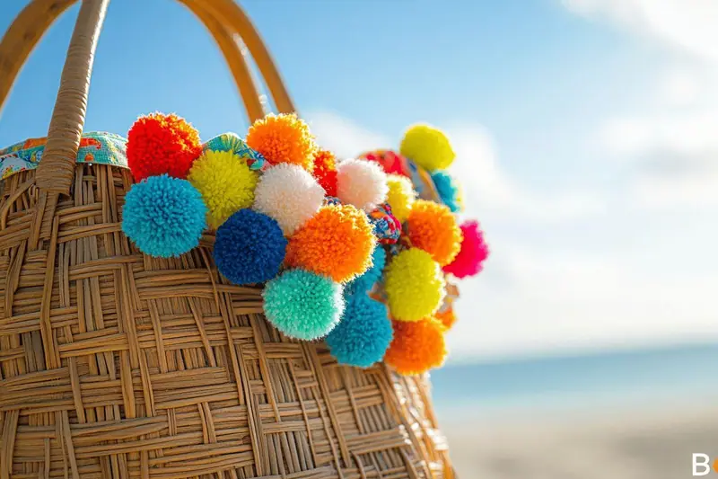 Sac en osier tressé avec pompons multicolores posé sur une serviette de plage, avec lunettes de soleil et gourde d’enfant à côté.