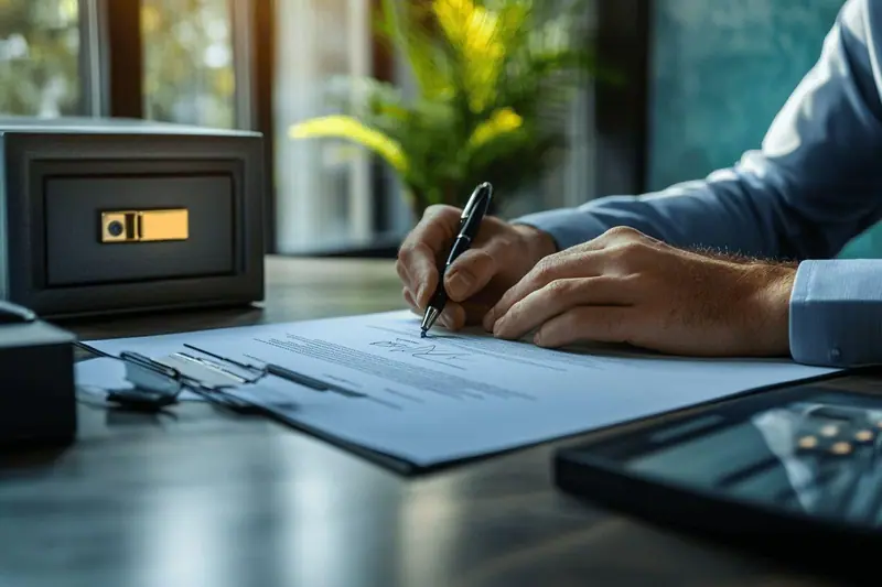 Parents relisant un compromis de vente immobilier avec un notaire avant de verser le séquestre