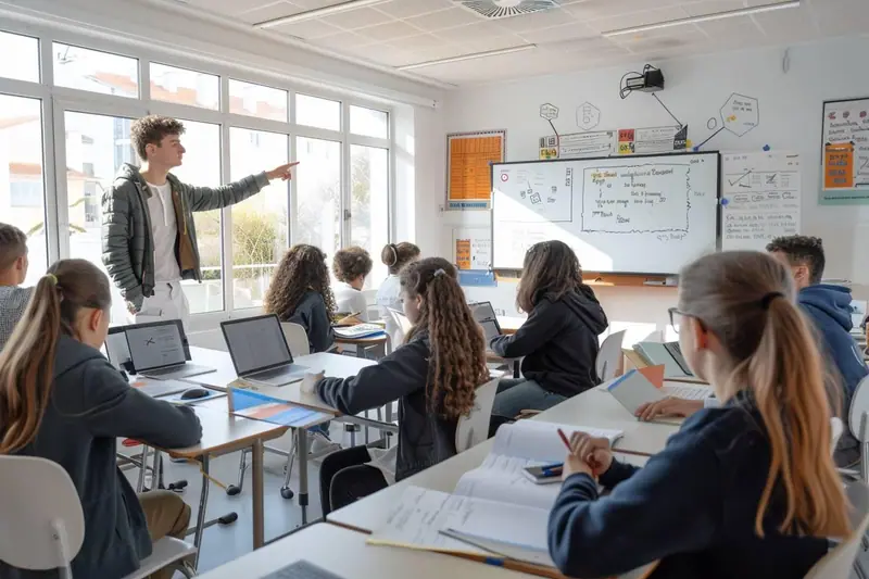 Un adolescent révise des exercices de mathématiques avec un enseignant dans une petite salle de cours à Marseille.