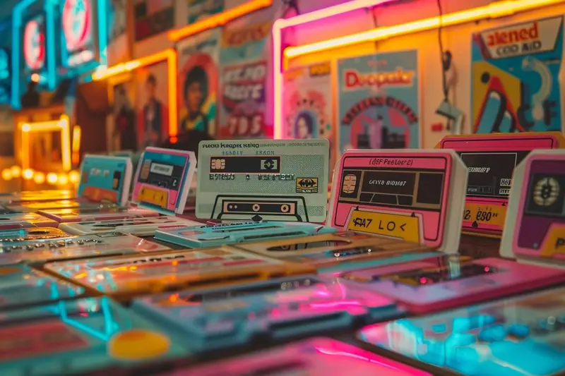 Carte bancaire personnalisée avec un sticker aux motifs géométriques colorés inspirés des années 80, posée près d'un portefeuille.