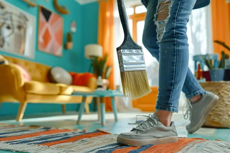 Un parent installe une étagère basse sécurisée dans une entrée familiale, avec des paniers de rangement et des patères à hauteur d'enfant.