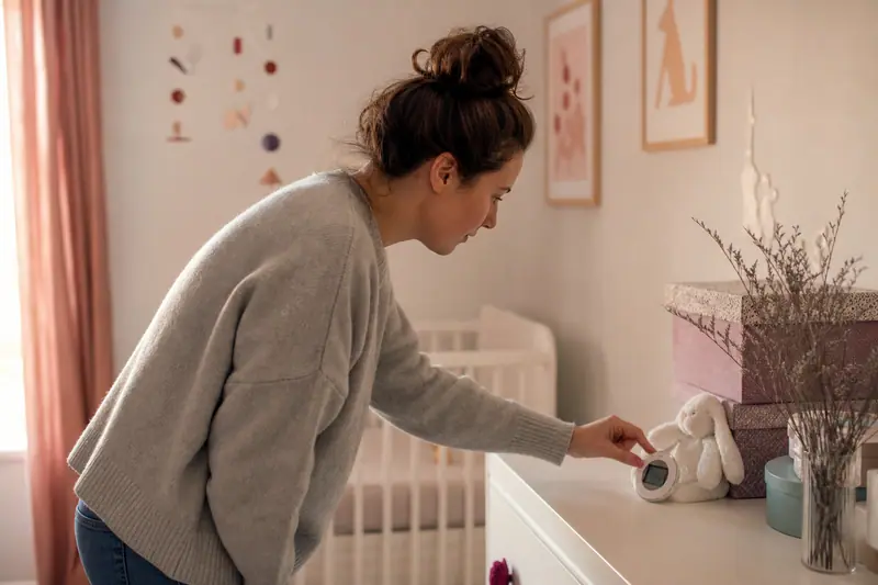 Parent vérifiant un thermomètre d'intérieur posé sur une commode dans une chambre de bébé sobre et lumineuse.