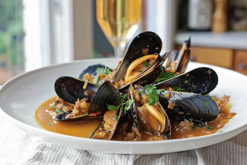 Moules cuites conservées dans une boîte hermétique au réfrigérateur pour un repas familial le lendemain