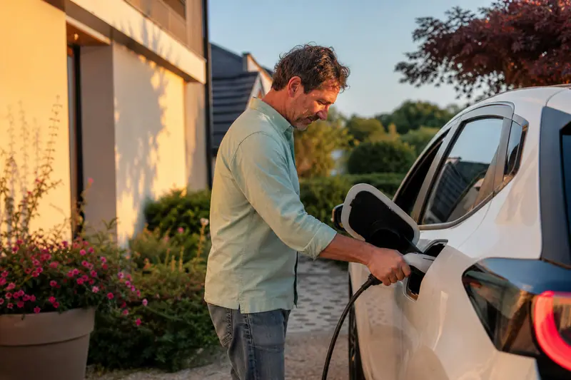 Un parent branche le câble de recharge d'une voiture électrique familiale garée devant une maison le soir.