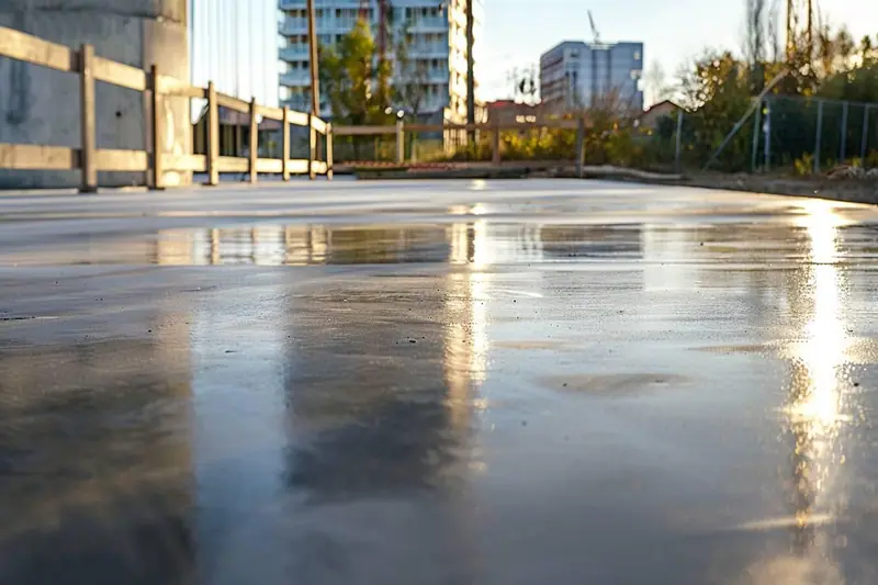 Sol de pièce de vie rénové avec un revêtement minéral en ciment lisse gris clair, avec une table familiale et des chaises en bois.