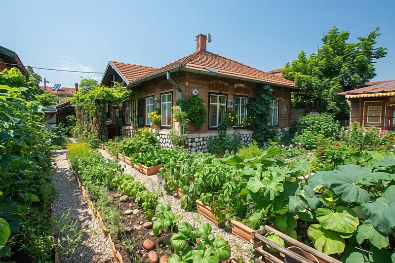 Une famille profite d’un petit jardin arboré derrière une maison de ville, avec une table et un espace de jeu pour les enfants.